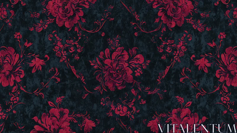Dark damask wallpaper shows red floral pattern over charcoal