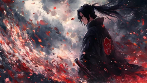 Solitary swordsman in storm of crimson petals and ash