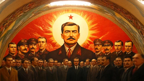 Wall mural of central political figure with surrounding portraits.