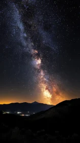 Milky Way core over mountain ridge and distant town glow.
