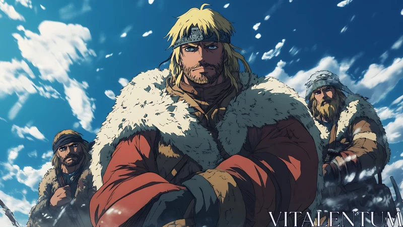 Viking warriors advance under a storm of drifting snowflakes.