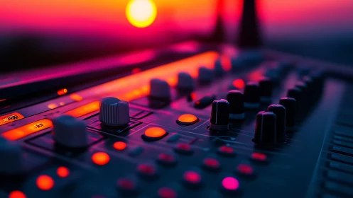 Sunset-lit audio mixer deck in vivid neon studio glow.