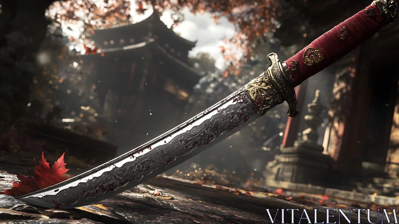 Bloodstained katana resting before temple in autumn light.