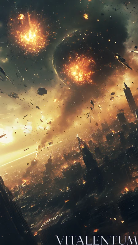 Cinematic digital painting of apocalyptic city bombardment.