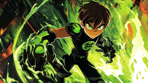 Young male figure advances through vivid green energy field