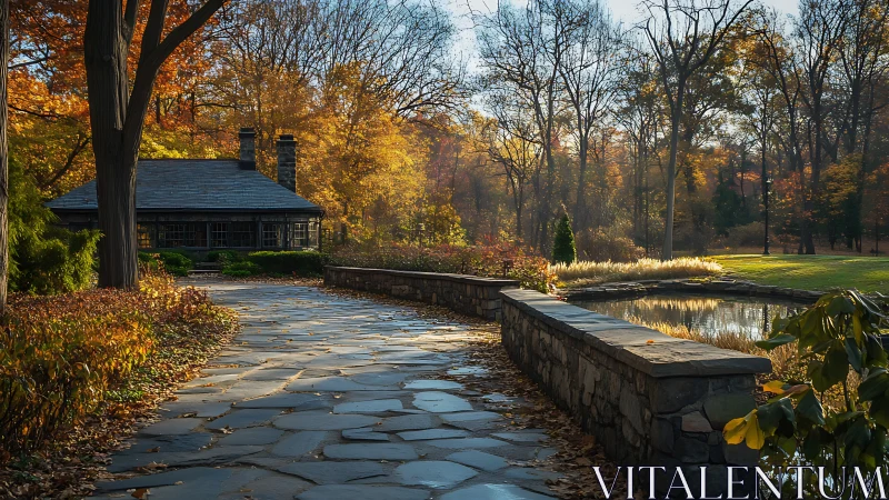 Stone path, pond and cabin in a wooded autumn landscape.
