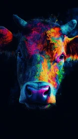 Cow head rendered in vivid neon spectrum against black background