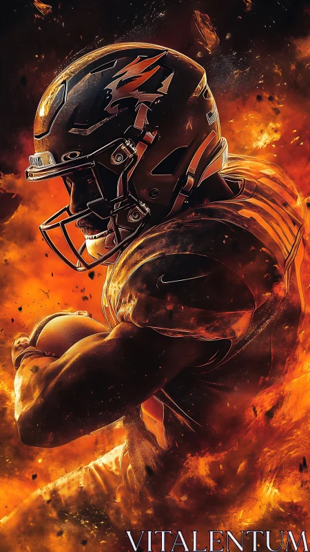 American football runner emerges through incandescent flames