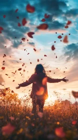 Silhouette girl embraces sunset sky as petals dance around her