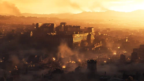 Sunlit ancient acropolis amid systematic urban conflagration.