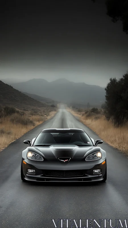 Black sports car on wet rural road under overcast sky.