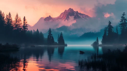 Mountain lake scene shows layered mist, forest, and reflections