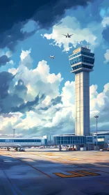 Control tower overlooks airport apron under active sky