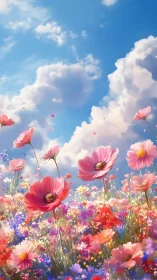 Vibrant Wildflower Meadow Beneath Clouds.