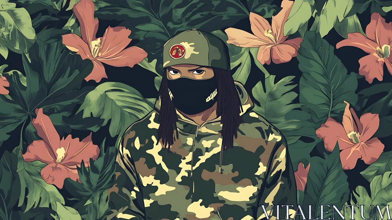 Masked figure in camouflage stands before dense tropical foliage
