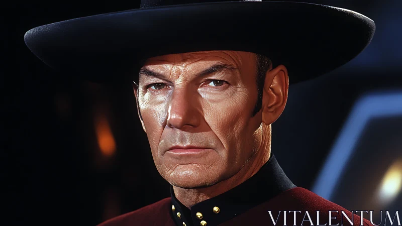 Stern older man in dark wide hat and red uniform.