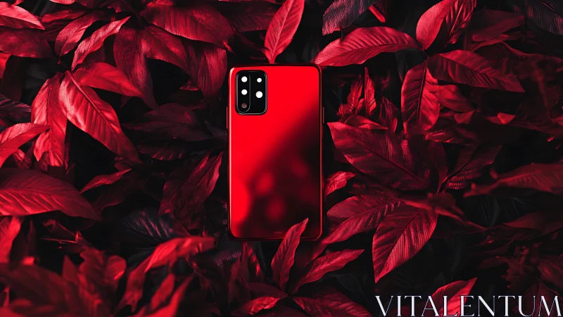 Red smartphone on red foliage with bold contrast focus.