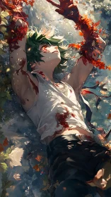 Injured boy merges with burning autumn leaves in river