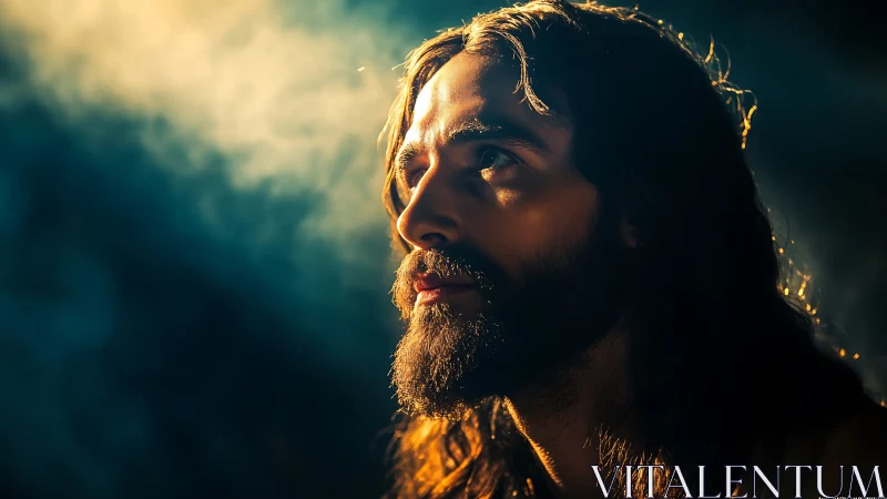 Cinematic portrait with directional halo light and soft haze.