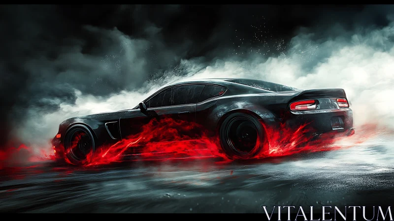 Night-streak muscle car drifting on molten scarlet asphalt.
