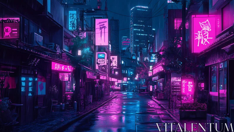 Neon lit urban alleyway reflects on wet pavement at night