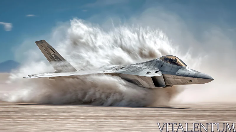 Jet aircraft traverses desert surface generating dense dust plume