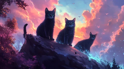 Three Black Cats Stand Silhouetted Against Mystical Storm Skies