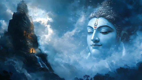 Divine mountain vision with colossal serene celestial face.
