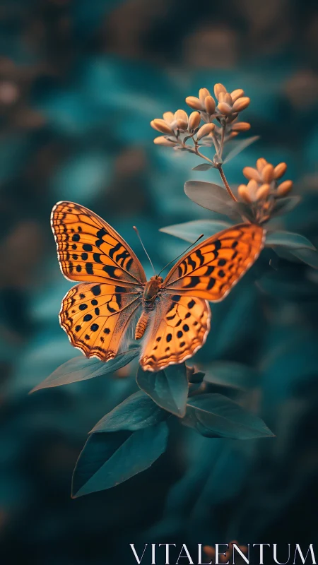 Macro capture of orange spotted butterfly in cyan foliage field.