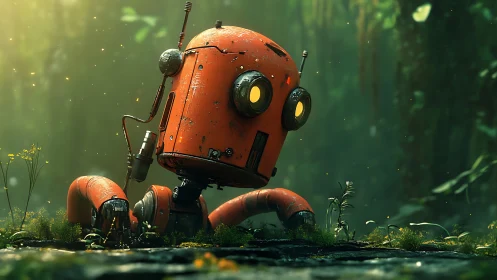 Melancholic orange forest robot rendered in soft volumetric light.