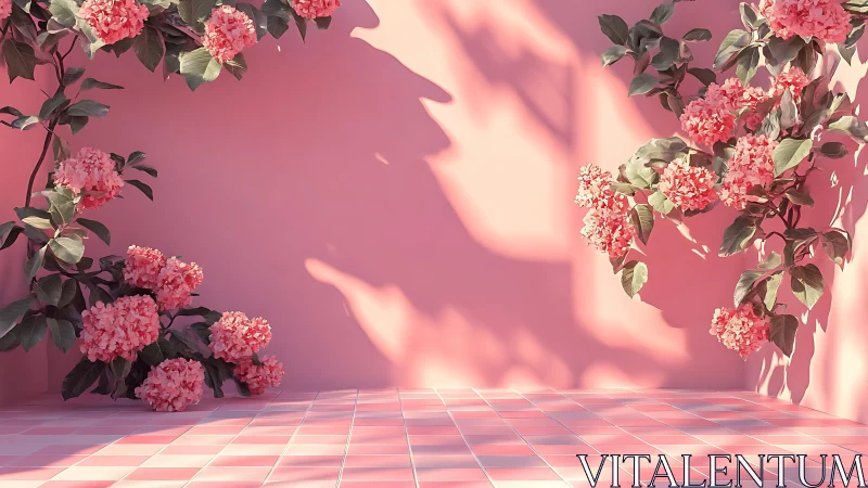 Pink Hydrangeas in Minimalist 3D Environment with Dynamic Shadow Play