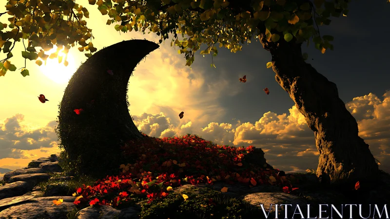 Crescent hedge sanctuary beneath a luminous sunset sky.