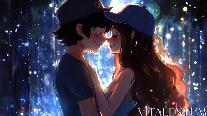 Softly glowing forest embrace captures two shy young lovers