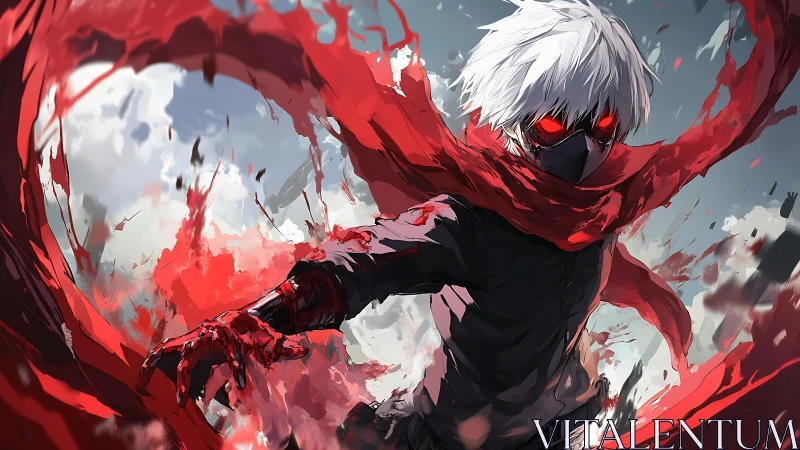 Scarlet stormcaster with burning eyes under a fractured sky.