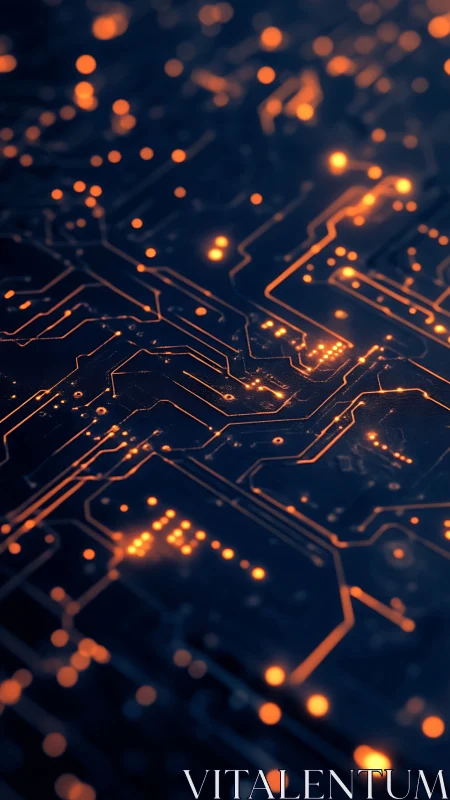 Glowing circuit network with orange data pathways.