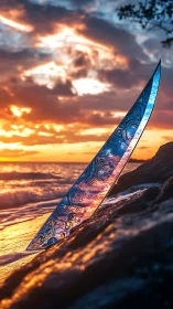 Highly reflective sculptural blade intersects saturated sunset surf