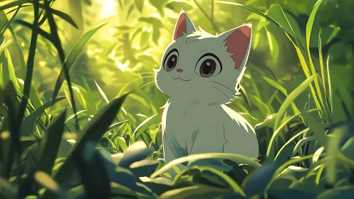 Sunlit white kitten nestled in verdant forest grassland.