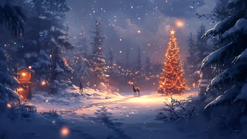 Glowing Christmas tree warms a silent snowy forest night