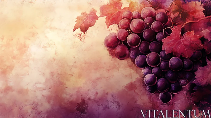 Crimson grapes cluster glows against textured pastel wall.