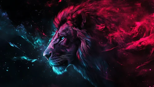 Cosmic lion exhales neon starlight into the void