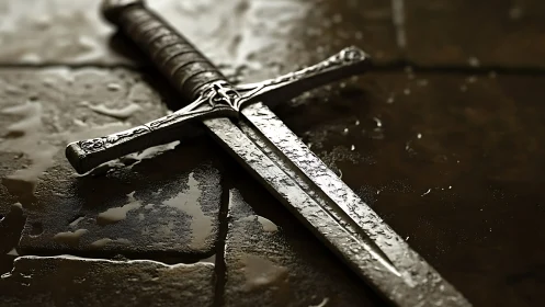 Weathered medieval sword resting on wet stone floor.