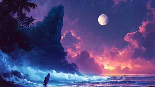 Lone Surfer Contemplates Moonlit Paradise Painted Across Sky