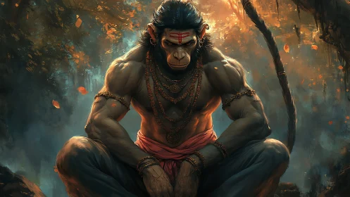 Jungle monk ape warrior glows in storm-stilled silence.