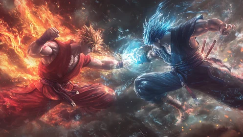 Dueling flame and frost warriors collide in storming starlight.