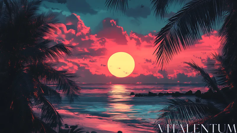 Neon sunset floods tropical shoreline with molten color glow.