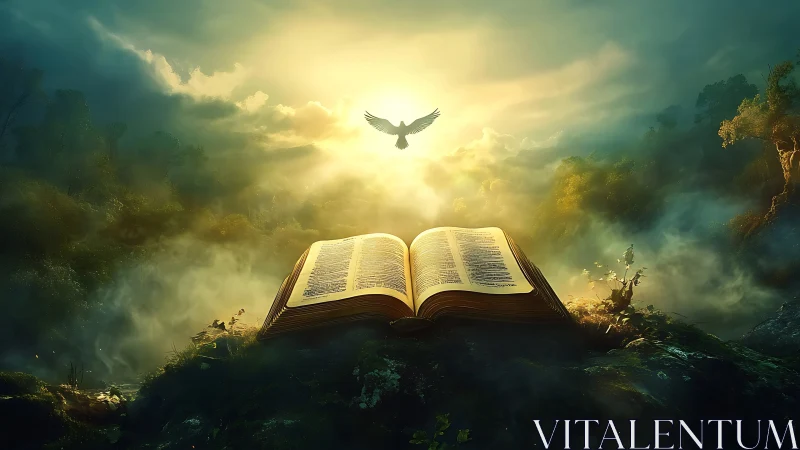 Luminous sacred book under radiant sky with soaring dove.