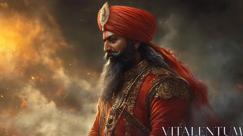 Noble warrior in glowing red robes amid swirling embers.