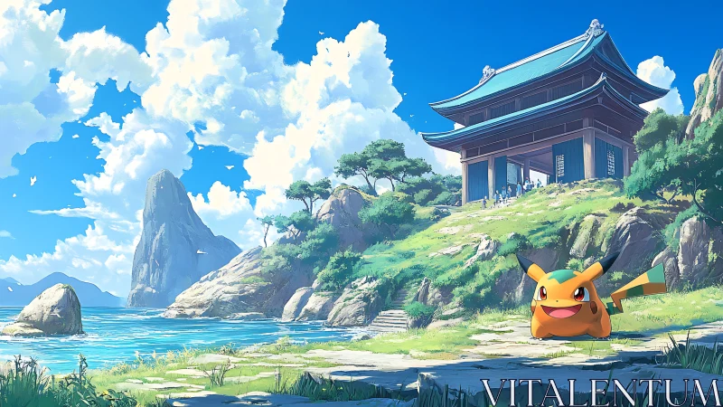 Cel-shaded coastal temple landscape integrates stylized mascot character