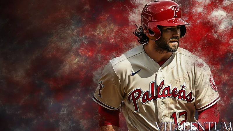 Baseball player runs forward against abstract red backdrop