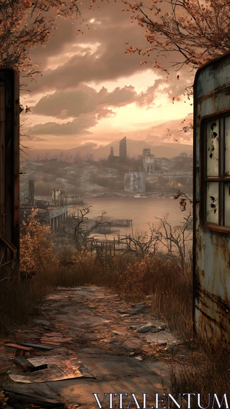 Rusted doorway frames desolate riverside ruins at sunset